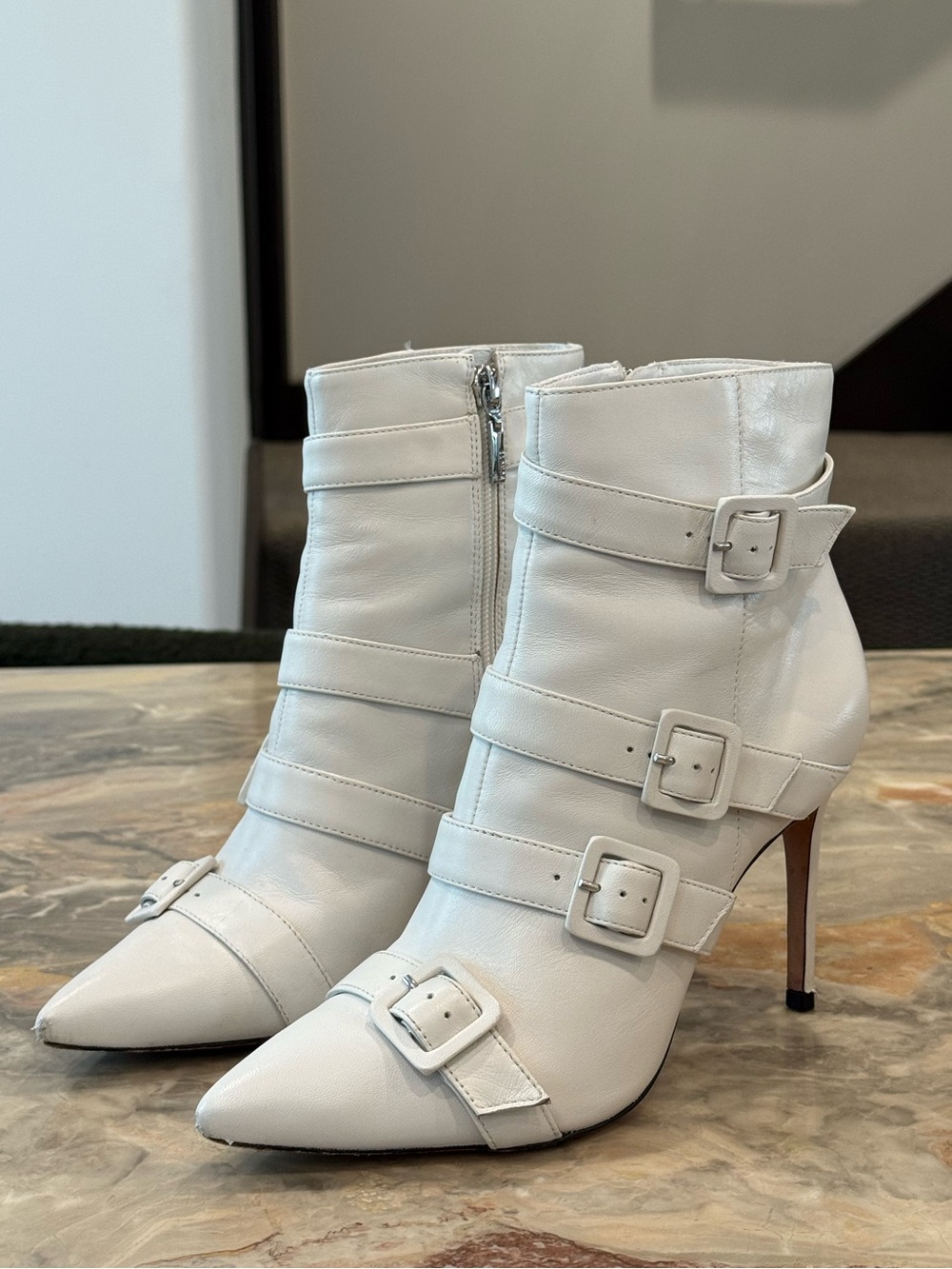 Schutz White Leather Multi Buckle Pointed Toe Stiletto Ankle Boots